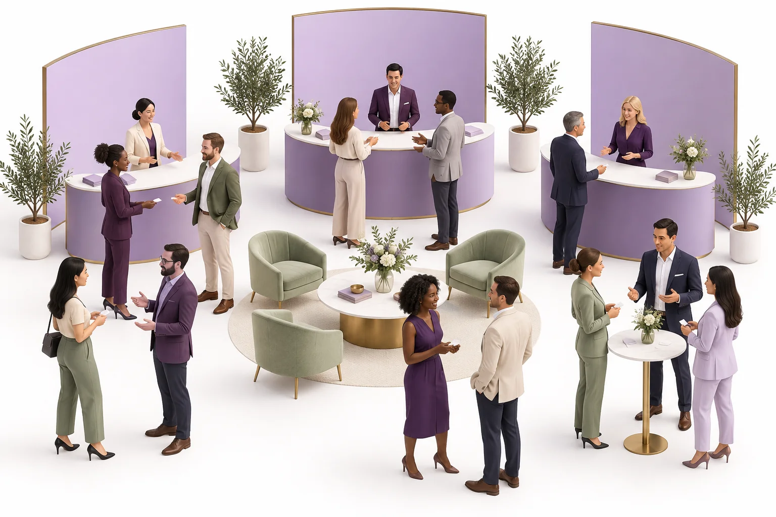 Illustrated association gathering with exhibitors and networking conversations