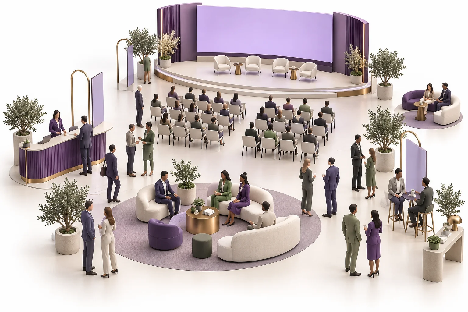 Illustrated conference with a presentation stage, check-in desk and networking lounge
