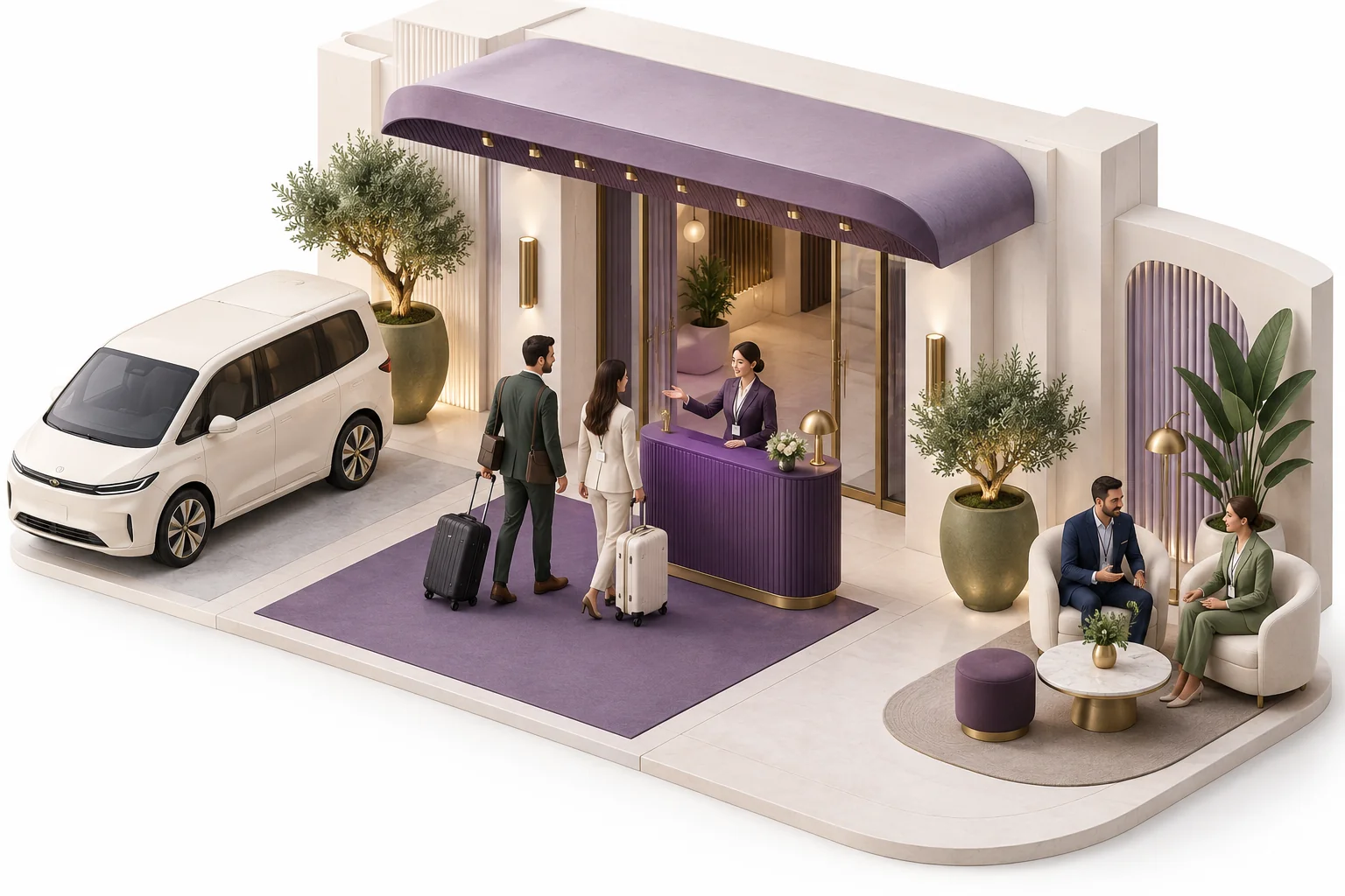 Illustrated corporate summit arrival with guest reception and transport