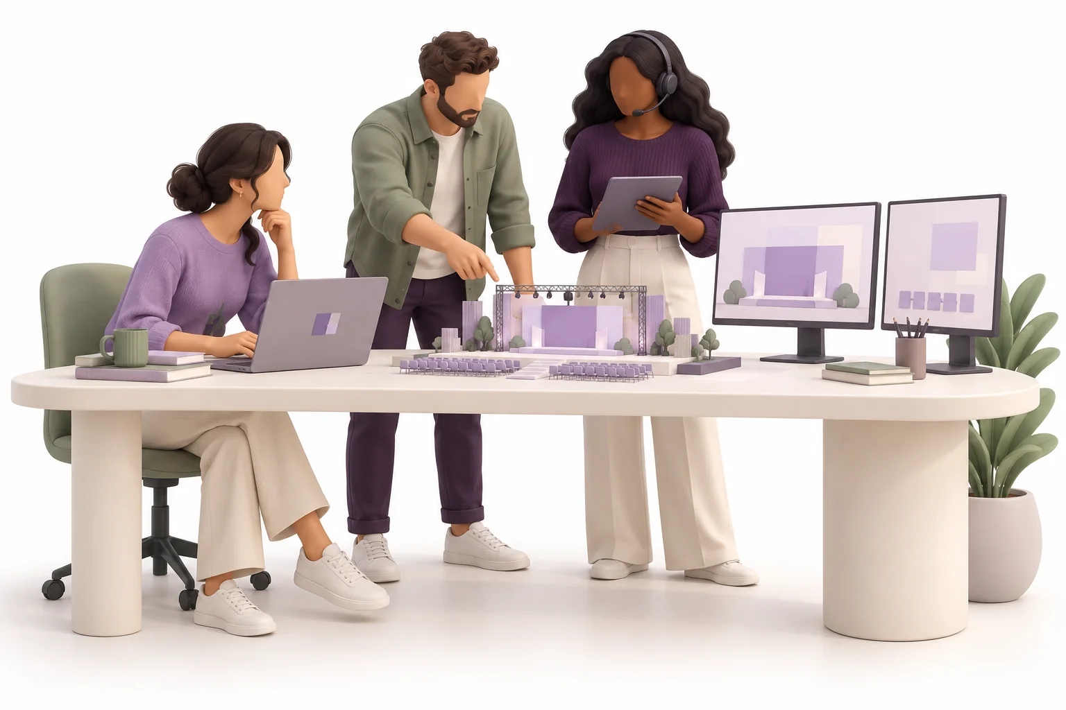 Illustration of engineers collaborating around an event model and laptops