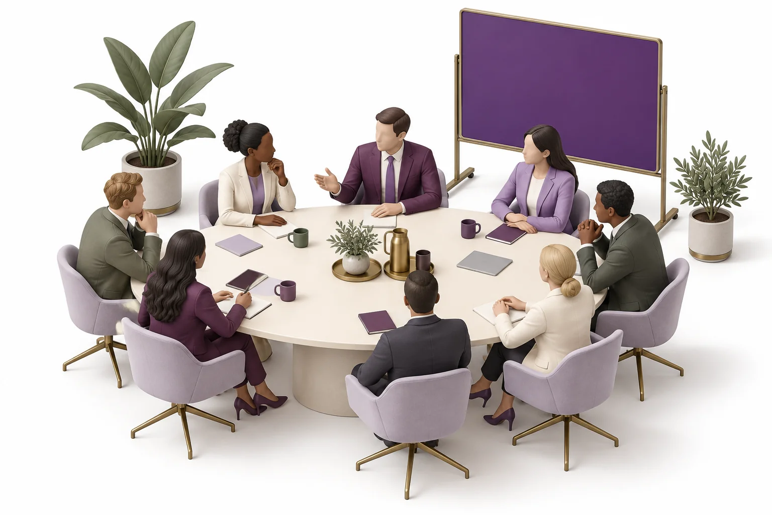 Illustrated leadership discussion around an oval meeting table
