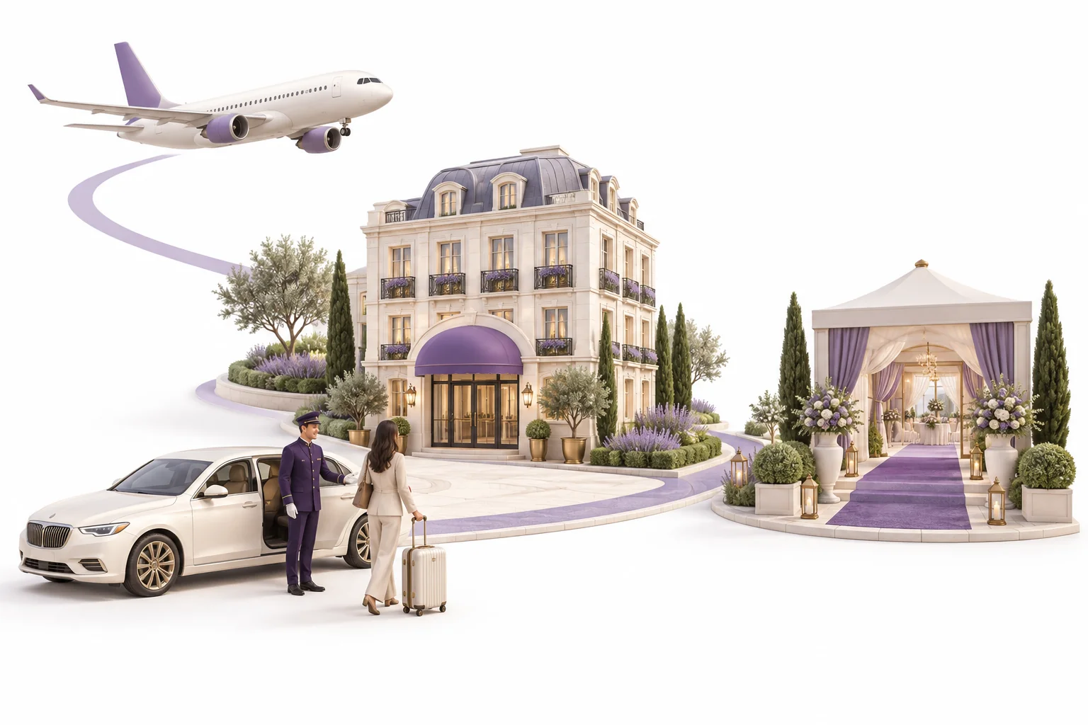 Illustration connecting a guest flight, hotel stay and venue transfer