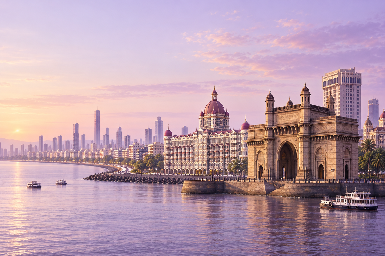 Illustrated Mumbai waterfront with the Gateway of India and Taj Mahal Palace