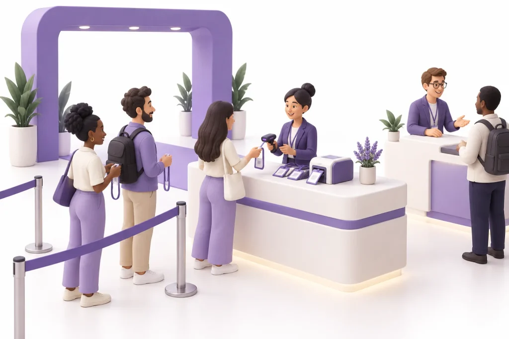Illustration of attendees arriving at a conference check-in desk with a separate help counter.