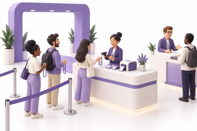 Illustration of attendees arriving at a conference check-in desk with a separate help counter.