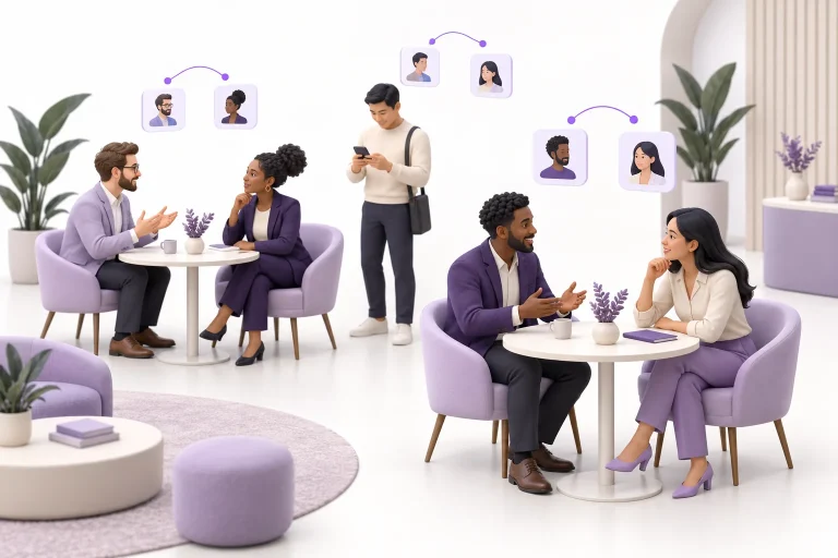 Illustration of conference attendees having one-to-one conversations in a networking lounge.