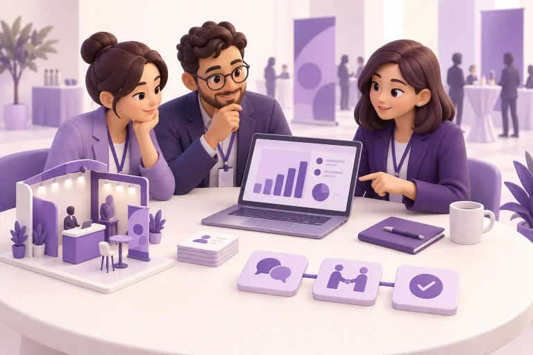 Illustration of event organisers and a sponsor reviewing contacts and an event report.